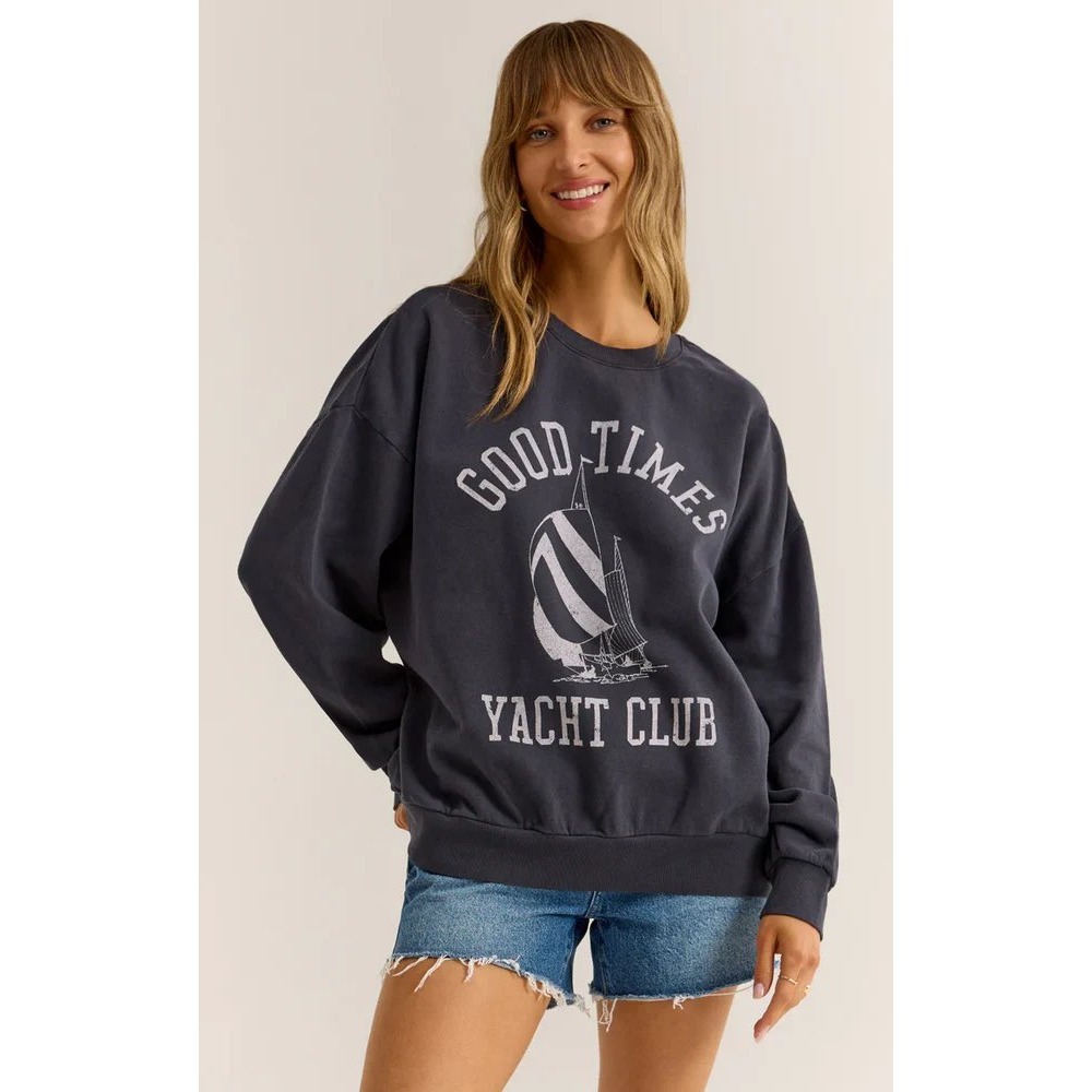 Z Supply Nautical Graphic Print Sweatshirt Blue Gray Oversized Crewneck MEDIUM